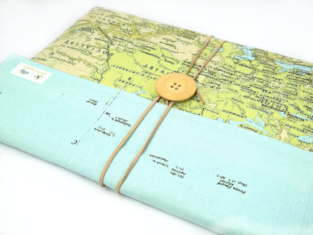 Yellow Robin Laptop Sleeve Plus a Tech Organiser Pouch Australian HandmadeWorld Map