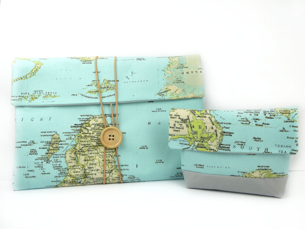 Yellow Robin Laptop Sleeve Plus a Tech Organiser Pouch Australian HandmadeWorld Map